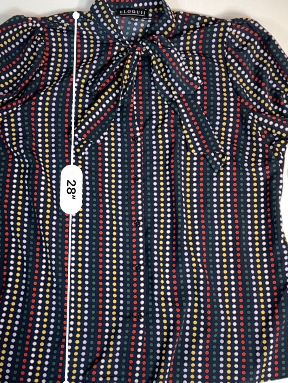 Eloquii Size 20 Navy Multicolor Polka Dot Tie Neck Puff Sleeve Blouse - Picture 9 of 10
